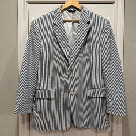 Jos A Bank Men 46 R Stays Cool Seersucker Blue Stripe Blazer Suit Jacket Preppy - Picture 1 of 12